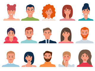 Set of people avatars in flat style. Diversity group of young men, boys, girls, women, transgender people. Brunettes, brown-haired, blondes and redheads. Vector illustration