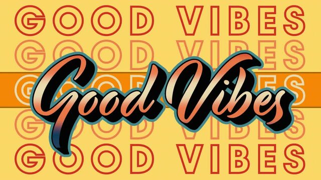 Animation of orange good vibes text repeating over orange stripe on yellow background