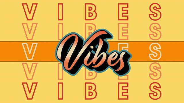 Animation of orange vibes text repeating over orange stripe on yellow background
