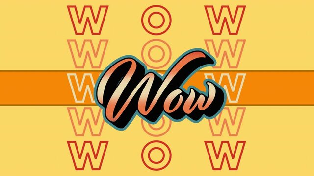 Animation of orange wow text repeating over orange stripe on yellow background