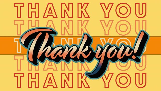 Animation of orange thank you text repeating over orange stripe on yellow background