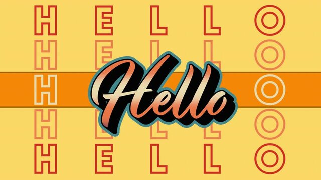 Animation of orange hello text repeating over orange stripe on yellow background