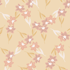 Spring pastel tones seamless pattern with random abstract simple flower silhouettes. Light pink colored print.