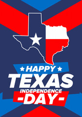 Texas Independence Day. Freedom holiday in Unites States, celebrated annual in March. Lone star flag. Texas flag. Patriotic sign and elements. Poster, card, banner and background. Vector illustration