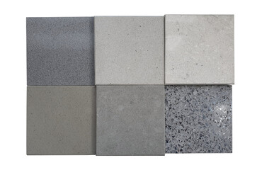 set of interior stone material tile samples in grey and beige tone isolated on white background wuth clipping path. grained quartz and glossy grey terrazzo samples used for interior construction.