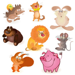 Set of eight  funny animals - mouse, pig,  rabbit, bear, hedgehog, cat, lion, squirrel