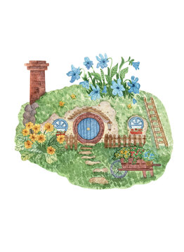 Hand drawn watercolor illustration with fairy house. Spring garden composition with a house in a hole. Print for postcards, scrapbooking, posters, stationery, textiles, design and decoration.