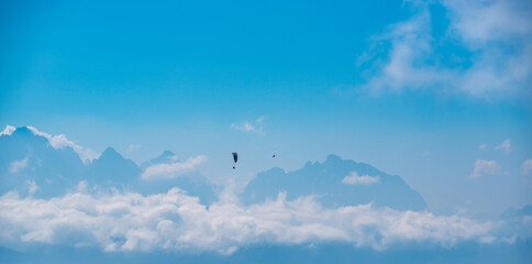 Paraglider am Himmel mit Vogel
