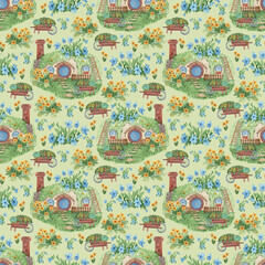 Fototapeta na wymiar Hand-drawn watercolor seamless pattern with fairy house. Background with a house in a hole, blue and yellow flowers and a cart. Texture for design, wrapping paper, fabrics, textiles, wallpapers, cards