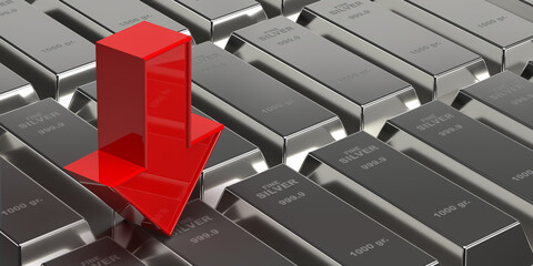 Investment, banking and business concept: 3d rendering silver bars on brick wall background. A red arrow moves down on many shiny ingots. Treasure blocks for wealth and investment. Loosing money © Stockwars