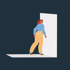 Vector illustration of woman who leaving dark room with Exit
