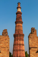 Qutub Minar a highest minaret in India standing 73 m tall tapering tower of five storeys made of red sandstone. It is UNESCO world heritage site at New Delhi, India