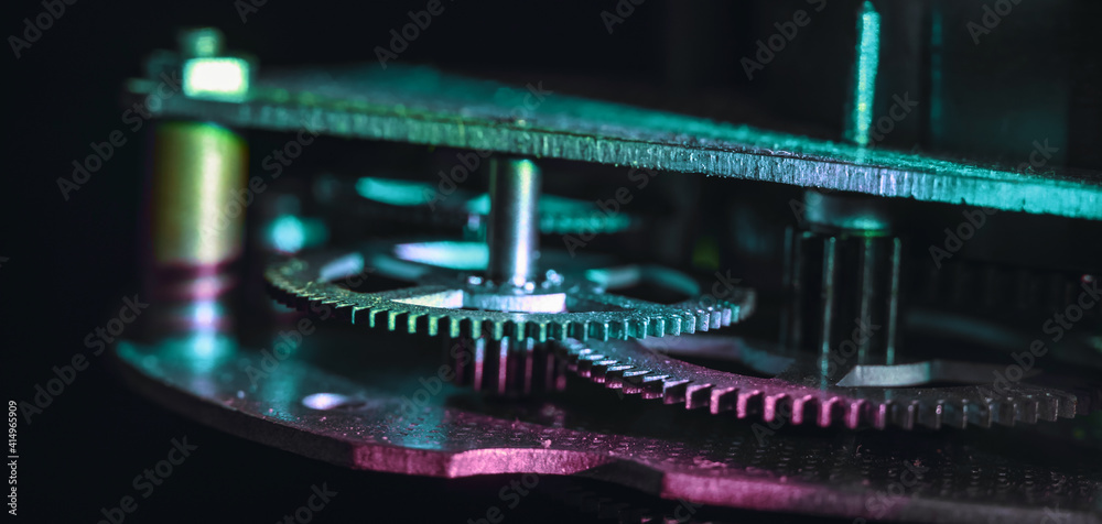 Aufkleber close up beautiful old gearsin neon light. minimalism retro style concept. background pattern for de
