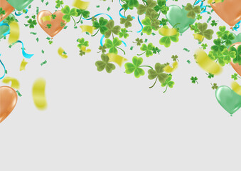 Modern flyer for St. Patrick's party. with green four and tree leaf clovers on balloons background. Vector illustration. Party invitation There is space for text. Happy St. Patrick's Day.