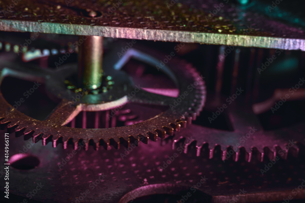 Aufkleber Close up Beautiful old gearsin neon light. Minimalism retro style concept.  Background pattern for design. Macro photography view.