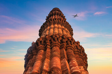 Qutub Minar a highest minaret in India standing 73 m tall tapering tower of five storeys made of...