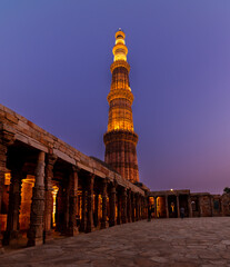 Qutub Minar a highest minaret in India standing 73 m tall tapering tower of five storeys made of red sandstone. It is UNESCO world heritage site at New Delhi, India