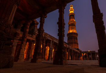 Qutub Minar a highest minaret in India standing 73 m tall tapering tower of five storeys made of...