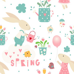 Seamless pattern. Cute bunny with watering pot, balloon, birds and flowers. Vector kids illustration for nursery design. Spring pattern for baby clothes, wrapping paper.