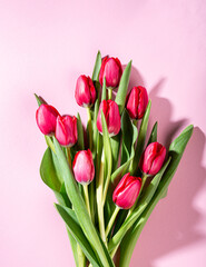 Obraz premium Pink background with dark pink tulips, Easter. Birthday, mother day greeting card concept with copy space. Top view, flat lay.