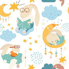 Seamless pattern with cute bunny sleeping on moon, hare reading fairy tale, rabbit pilot. Vector kids illustration for nursery design. Rabbits pattern for baby clothes, wrapping paper.