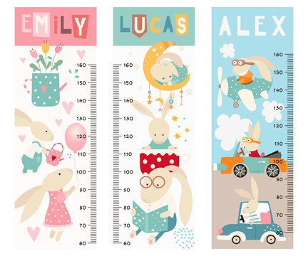 Kids height chart with cute bunnies in cartoon style. Vector Illustration. Childish meter wall for nursery design with funny rabbits. Great for girl and boy.