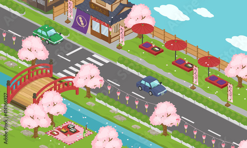 Fototapete 春 ４月の桜や花見の季節の日本の街並みの風景ベクターイラスト アイソメトリック アイソメ Honyojima