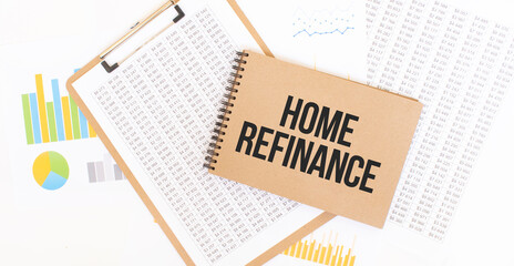 Text Home refinance on brown paper notepad on the table with diagram. Business concept