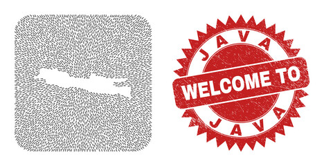 Vector mosaic Java Island map of immigration arrows and rubber Welcome badge. Collage geographic Java Island map constructed as subtraction from rounded square shape with pointer arrows. - 414967903