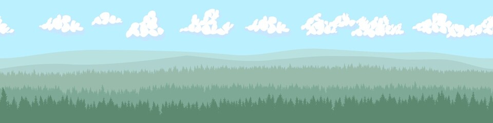 Spruce forest landscape with clouds in the sky. Seamless horizontal background