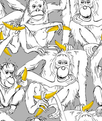 Seamless wallpaper pattern. Portrait of a Cute Monkey with the bananas. Funny Cartoon Characters. Textile composition, hand drawn style print. Vector illustration.