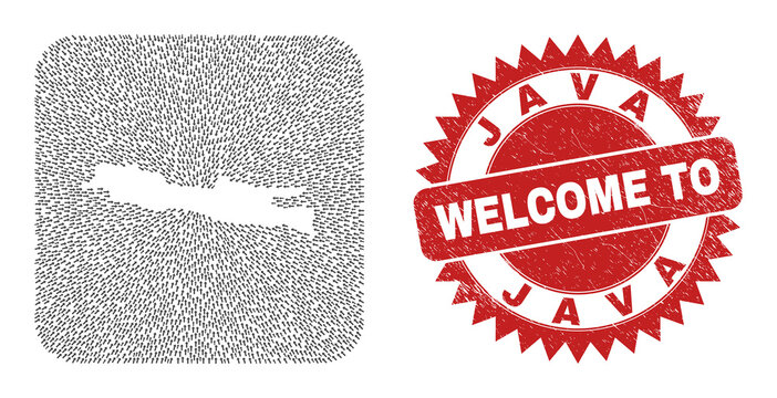 Vector mosaic Java Island map of immigration arrows and rubber Welcome badge. Collage geographic Java Island map constructed as subtraction from rounded square shape with pointer arrows.