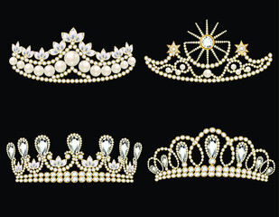 illustration set of womens gold diadem tiara with precious stones