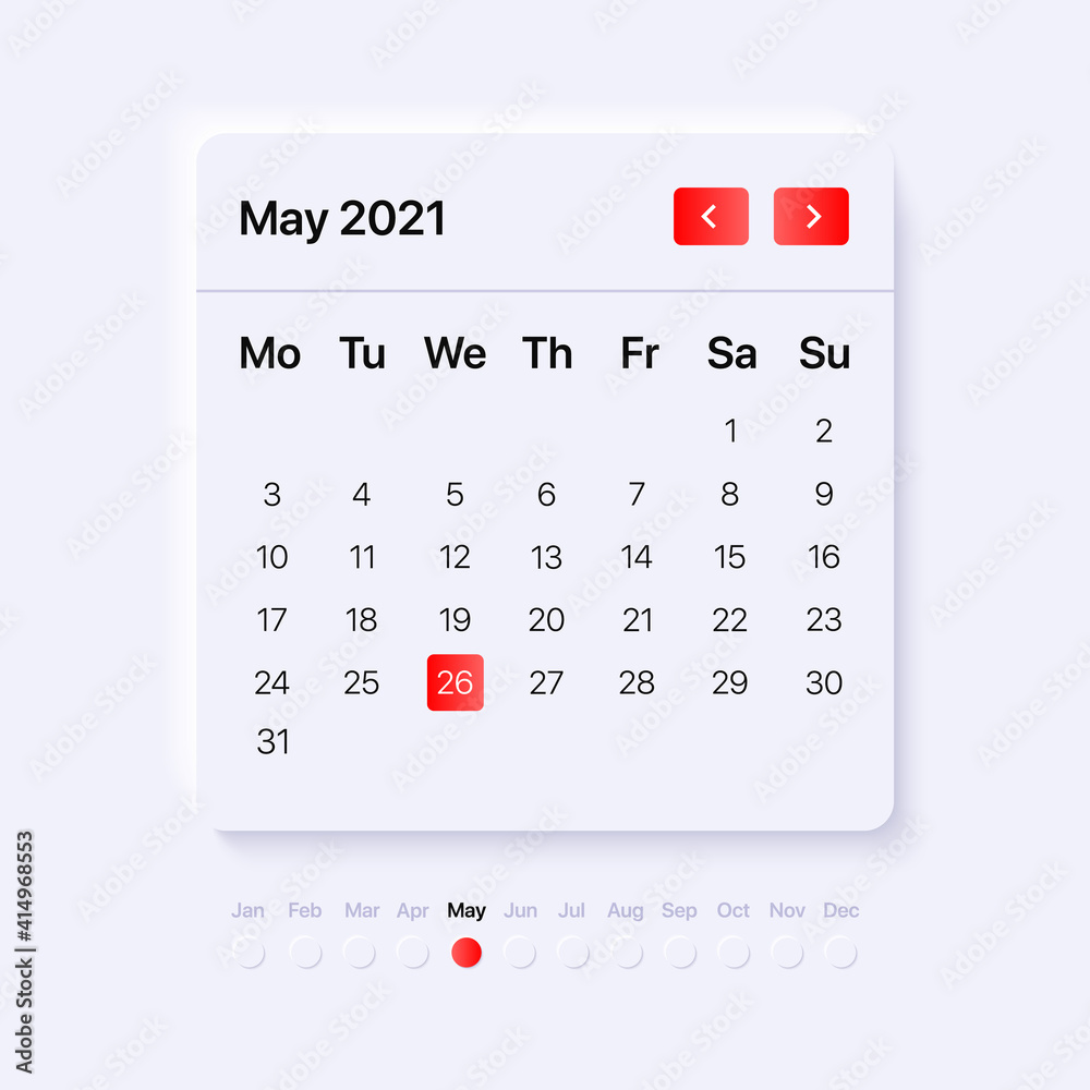 Wall mural calendar widget template. ui, ux, gui layout for mobile and web application. neumorphism concept des