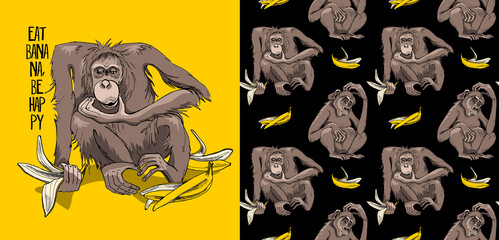 Set of print and seamless wallpaper pattern. Cute Monkey with the banana skins. Funny Cartoon Characters. Textile composition, t-shirt design, hand drawn style print. Vector illustration.