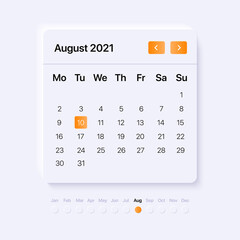 UI Calendar concept for August month. Mobile and web interface. Widget with neumorphism design. Vector illustration