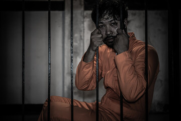 Asian man desperate at the iron prison,prisoner concept,thailand people,Hope to be free,Serious...