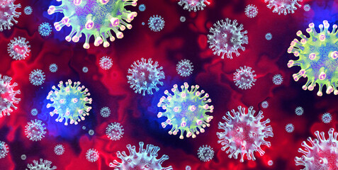 Mutating virus concept and new coronavirus b.1.1.7 variant outbreak or covid-19 viral cell mutation and influenza background as dangerous flu strain medical health risk with disease cells