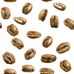 Seamless texture with coffee beans. Coffee hand drawn on watercolor paper
