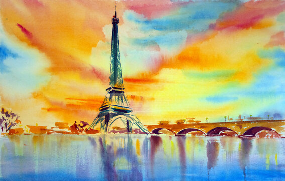 Eiffel Tower in Paris against the background of a bright sunset sky