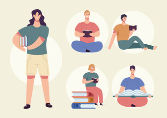group of five readers reading books characters