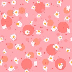 Spring seamless pattern with chamomile flowers and pink bubbles. Repetitive feminine and floral background with white flowers. Herbal wrapping paper.
