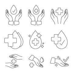 Hand with water drop and medical cross. Medically approved labels. Clinically or dermatologically tested insignia stamp. Antibacterial icons. Badges of hypoallergenic package label. Vector
