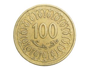 Tunisia one hundred millim coin on white isolated background