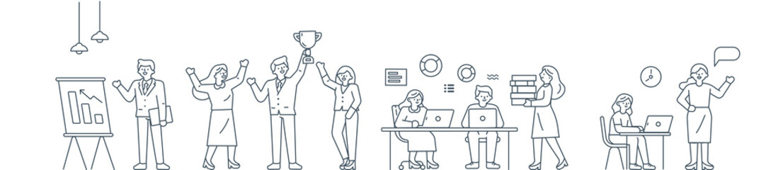 Outline drawing cartoon business people. Doodle characters. Vector illustration.