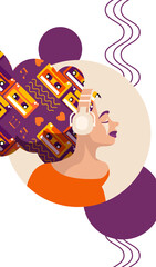 A bold, vibrant poster with retro geometric touches. Banner design featuring a young urban girl. For printing prints, banners, T-shirts, factories, postcards. Psych Out trend