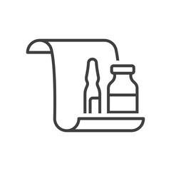 Icon of two ampoules of different shapes with coronavirus vaccine on a piece of paper. Image of a Certified Virus Injection Preparation. Isolated linear vector image on a clean white background.