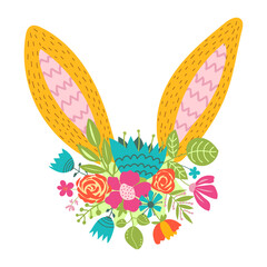 Cute Easter bunny ears with flowers vector illustration. Rabbit and colorful spring flowers isolated on white background.