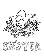 Black outline Easter card with twig nest, eggs and Easter sign. Monochrome vector illustration for cards, mugs, decor, shirt design, invitations. Farmhouse doodles.