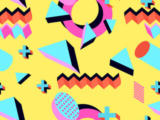 Memphis seamless pattern. Geometric elements memphis in the style of 80's. Background with  isometric 3d objects, virtual reality for promotional products, wrapping paper. Vector illustration